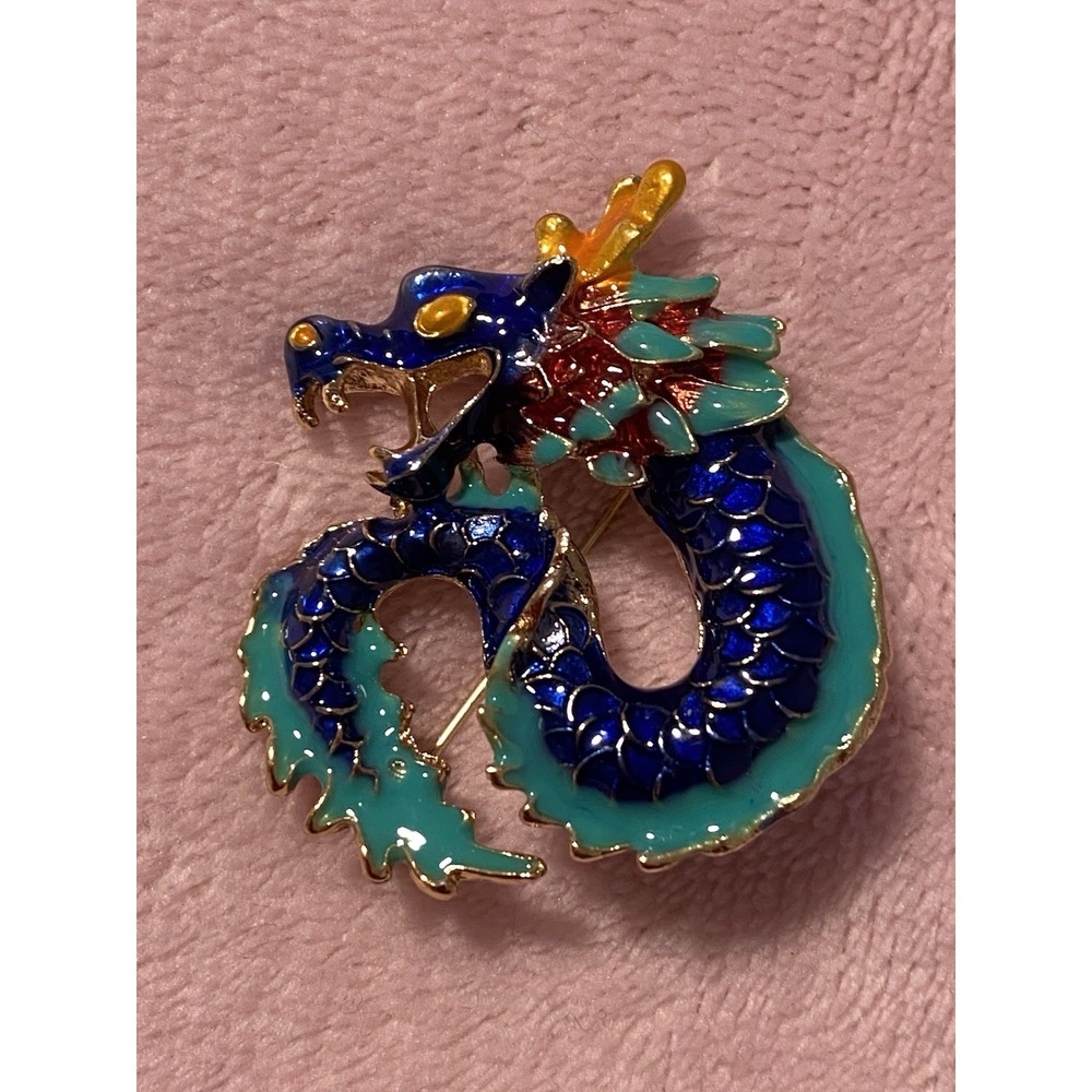 NEW Lucky Dragon Enamel Brooch Pin Pendant Protection Strength Indigo Blue Aqua